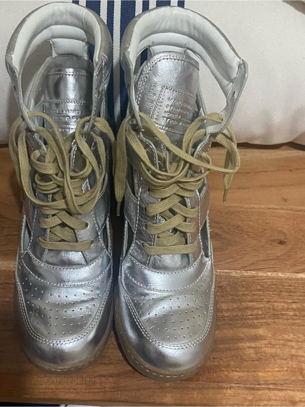 Marc by Marc Jacobs Silver Metallic Wedge Sneaker Boots with Tan Laces Size 40